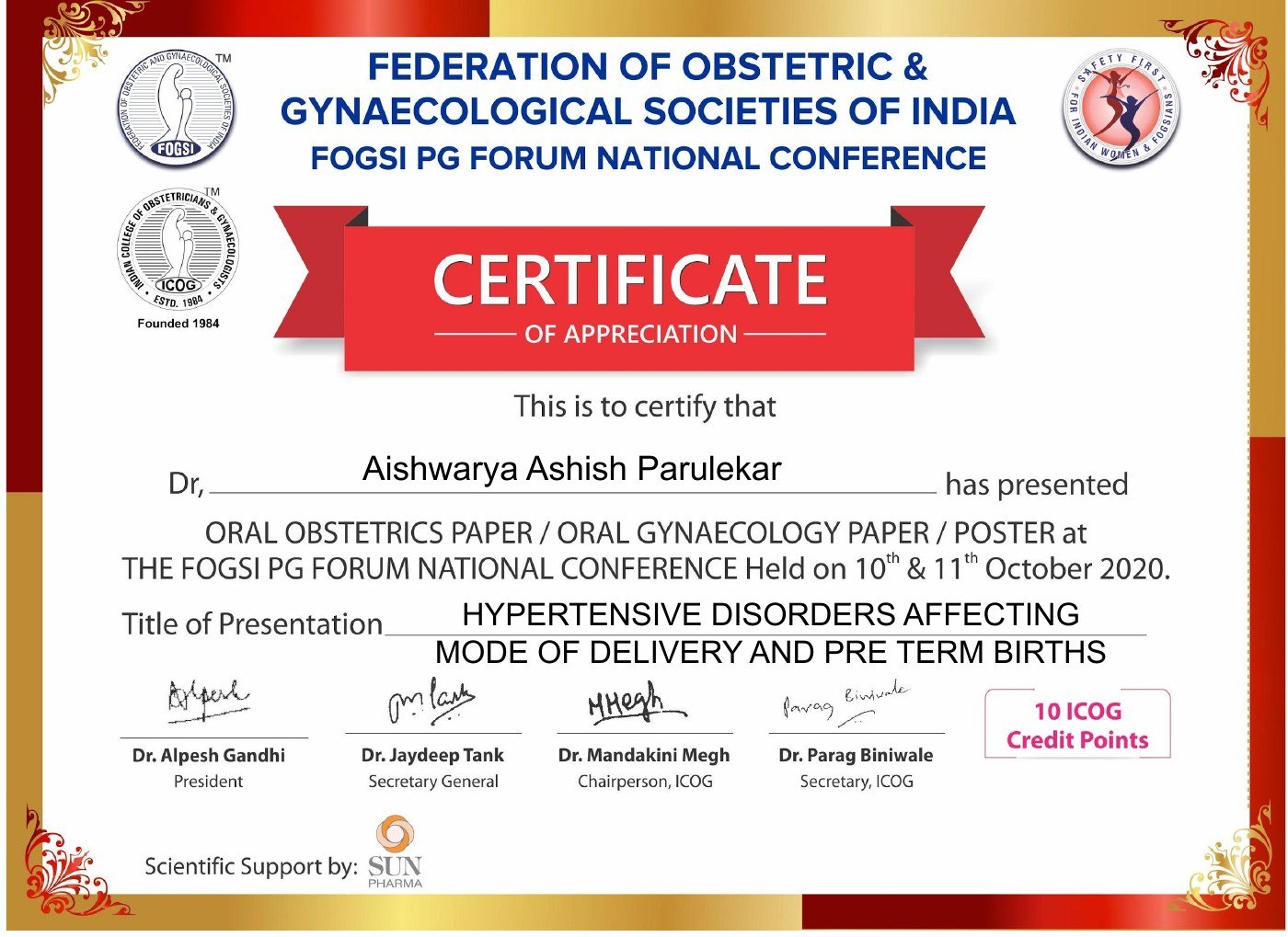 Certificate thumbnail: FOGSI PGP Oral Presentation