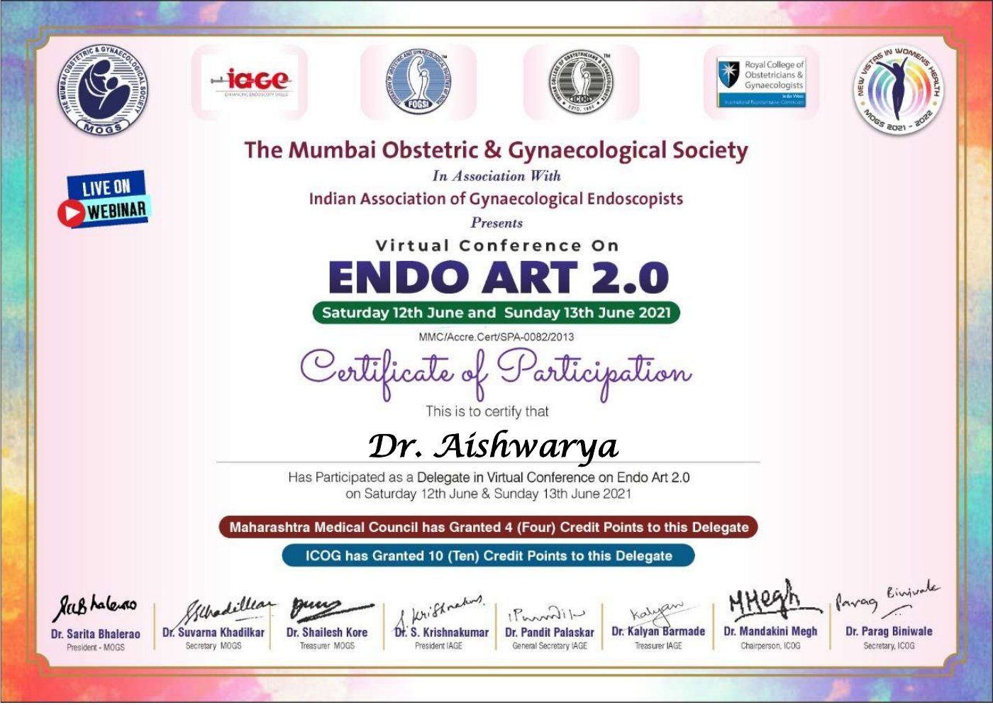 Certificate thumbnail: ENDO ART 2.0 Delegate Participation