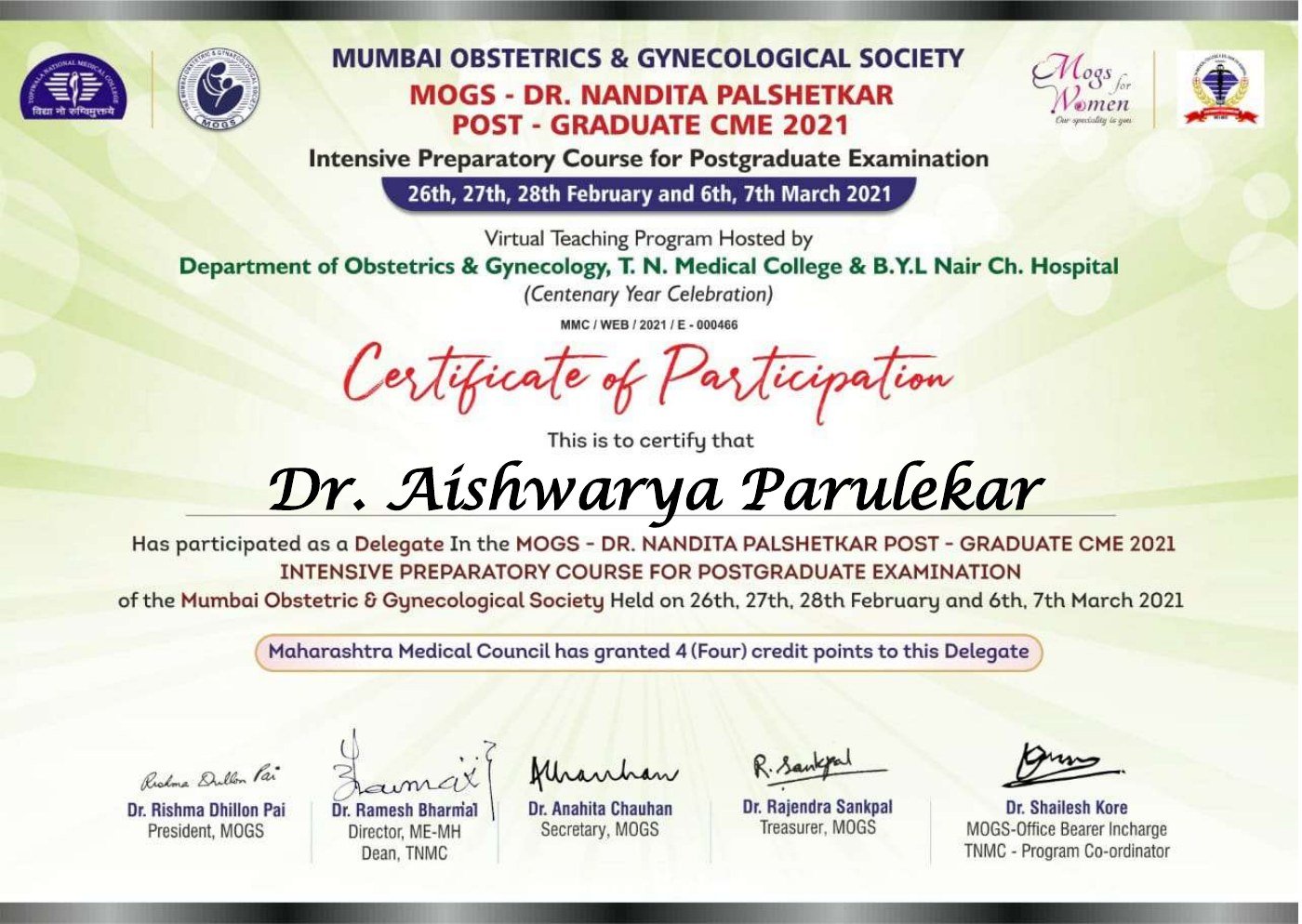 Certificate thumbnail: MOGS Postgraduate CME Participation