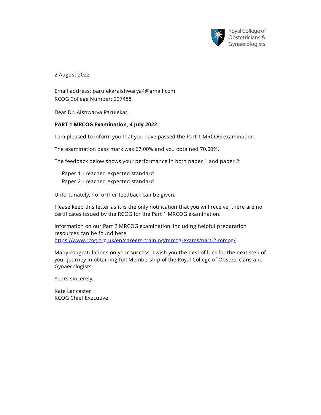 Certificate thumbnail: Part 1 MRCOG Examination Passed